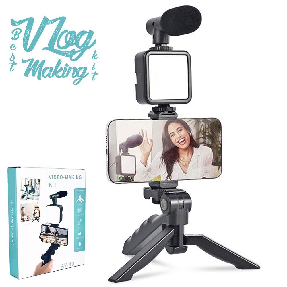 AY-49 Vlogger Kit with Mic, Light & Tripod